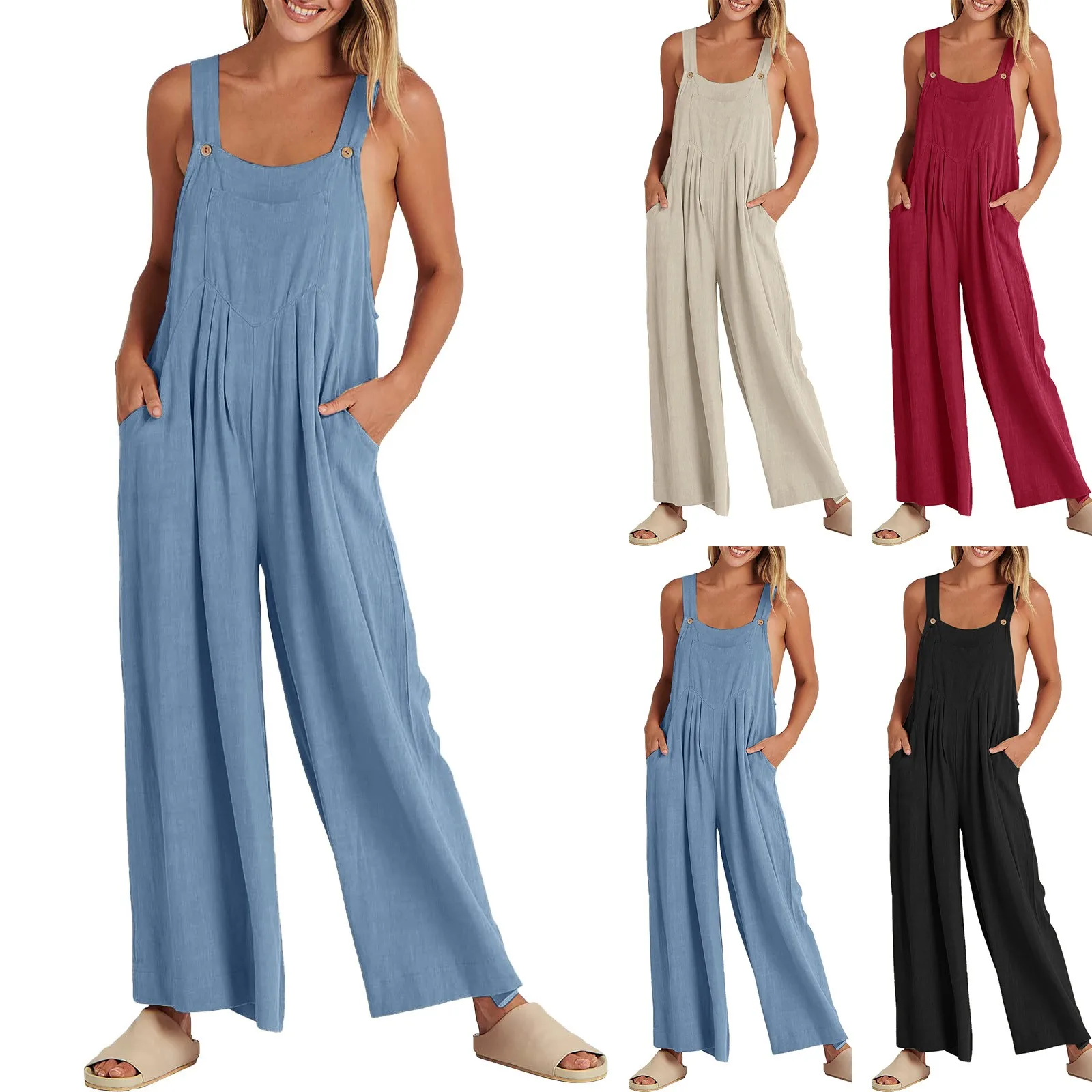 

Woman Casual Jumpsuit Women Casual Loose Long Bib Pants Wide Leg Jumpsuits Baggy Rompers Overalls With Pockets Combinaison