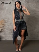 Znaiml Sexy Nightclub One Piece Outfit Romper Playsuit Women Birthday Diamonds Rhinestones Mesh Streamer Side Irregular Jumpsuit - Image 3