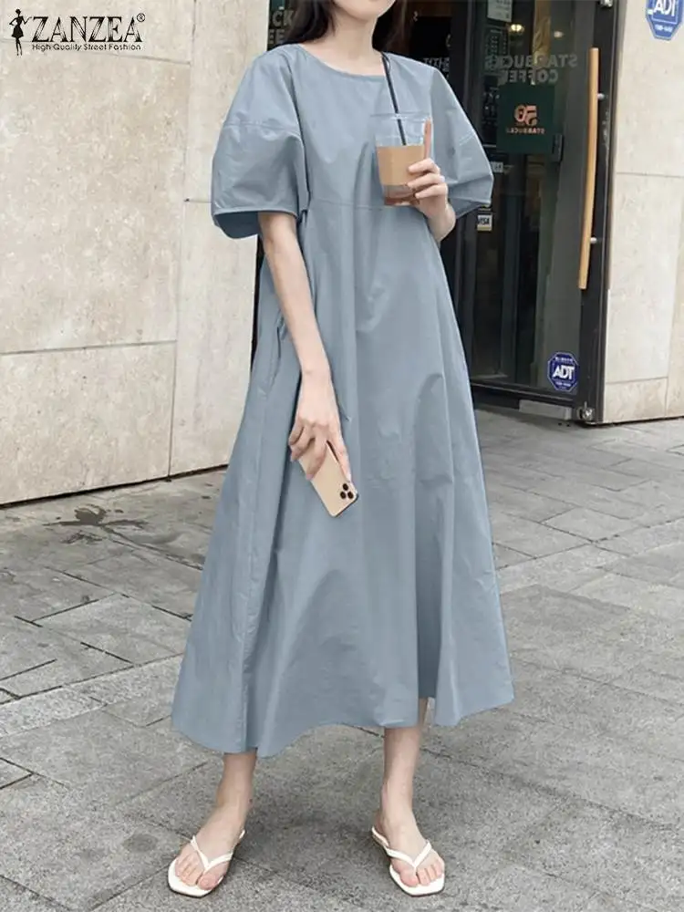 

Korean Fashion Summer Casual Loose Dress ZANZEA Women Elegant Short Sleeve Solid Mid-calf Sundress Robe Holiday Work Vestido