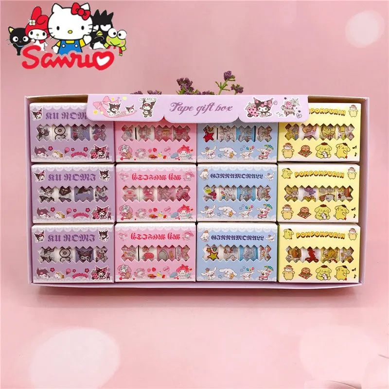 

1Box (12Pcs) Mix Color Sanrio Melody Kuromi Hello Kitty Cinnamoroll Tent Paper Tape Kid Sticker Decoration DIY Hand Account Tape