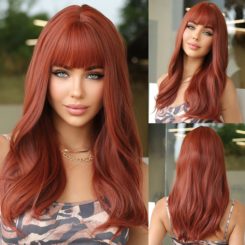 

Craftourit Burgundy Wine Red Brown Synthetic Wigs with Bangs Long Wavy Wig for Women Daily Cosplay Hair Heat Resistant Fiber