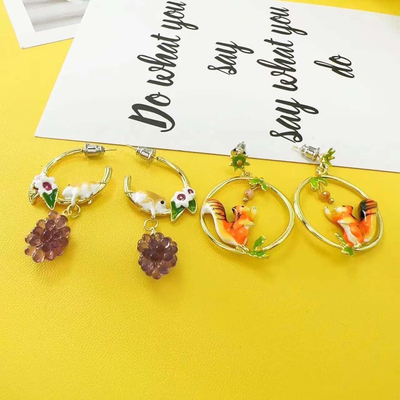 Lovely Squirrel Animal Drop Earrings for Women Enamel Glaze Copper Jewelry Leaf  Fruit Ear Studs серьги висячие серьги женские