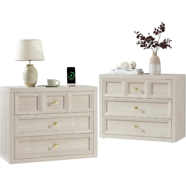Nightstand Set of 2 W/Charging Station, 30.7" W King Size Bedside Table with 3 Drawers, Accent End Table W/Large Storage