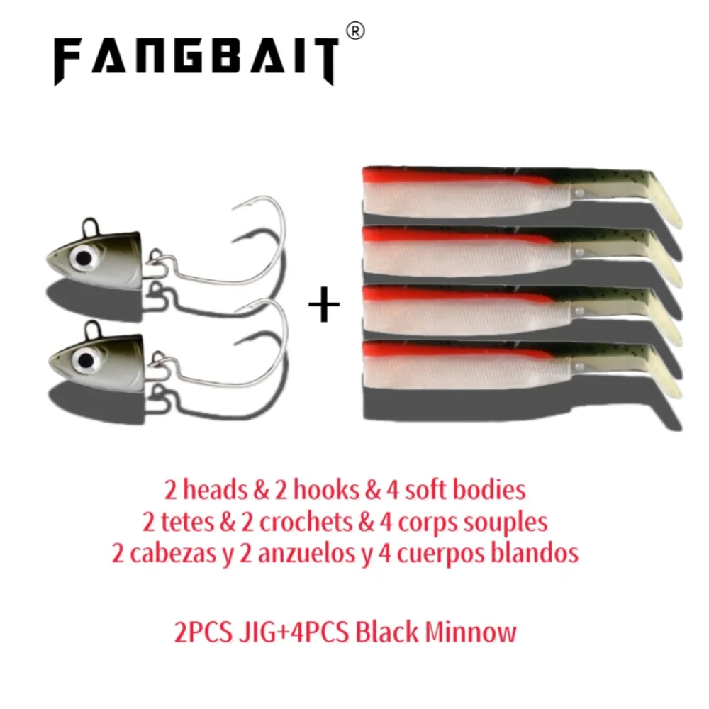 Weicher Köder Metall Jig Head Swimbait 4PCS Fiiish Black Minnow 2PCS Jig Head Kombination Set Angelköder für Pesca Bass Trout Karpfen
