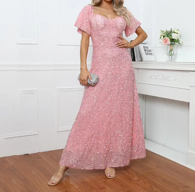 

Summer New Fashion Sexy Sequin Short Sleeved Backless Solid Color Dress For Women,2 Colors