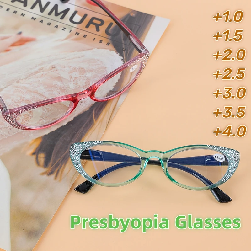 

Men Women Vintage Cat Eye Presbyopic Eyewear Fashion Rhinestones Reading Glasses Anti-Blue Light Eye Protection Eyeglasses