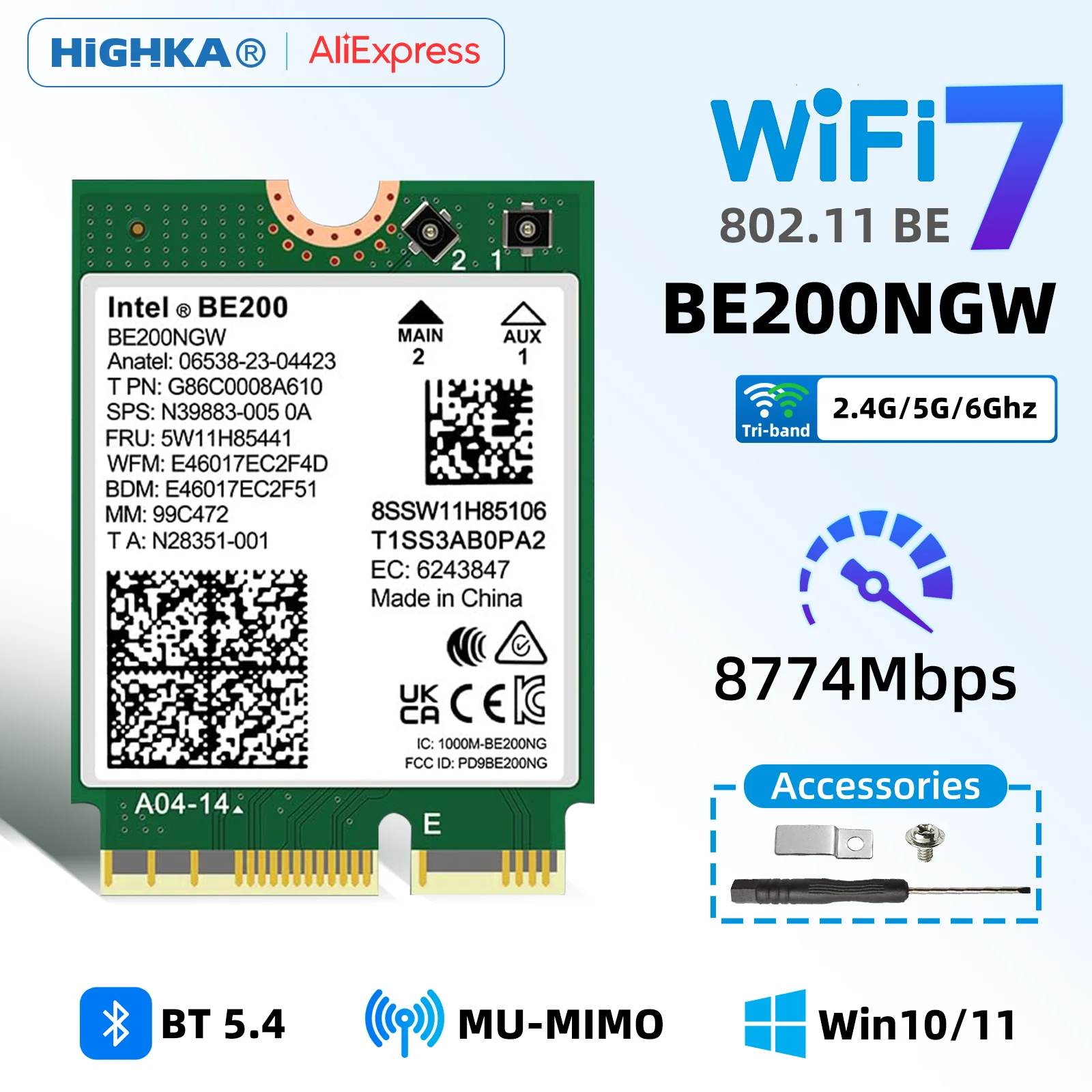Wi-Fi-карта Intel BE200 NGW с Bluetooth 5.4, трехдиапазонная, 2,4 ГГц/5 ГГц/6 ГГц для ноутбука M.2 NGFF, Windows 10/11