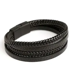 Stylish Multilayer Braided Leather & Stainless Steel Men's Bracelet - 19cm (Black)