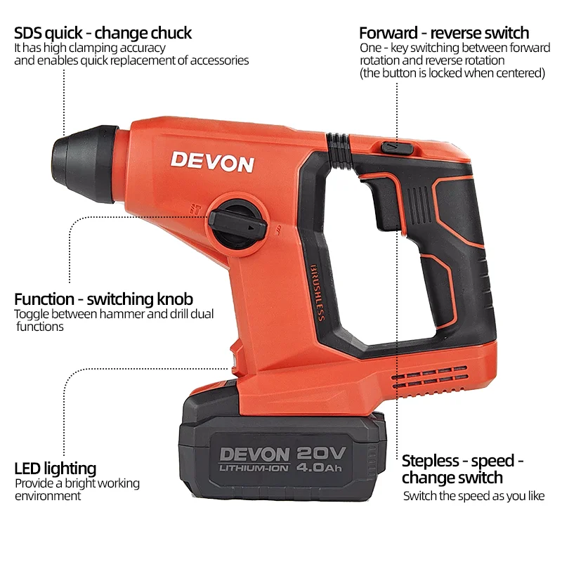 Devon 5403-Li-20V Battery 13/8/18mm Brushless Electric Hammer Drill Compact and Easy to Operate Home DIY Cordless Power Tools 3