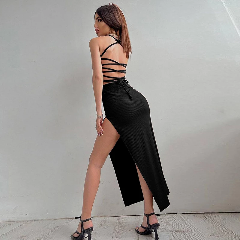 Sd04655f98968428ba59822215d04f5b76 New Women Backless Bandage Bodycon Dress Summer Sexy Halter Neck Split Party Dresses Ladies Casual Solid Long Robe CC22157PF