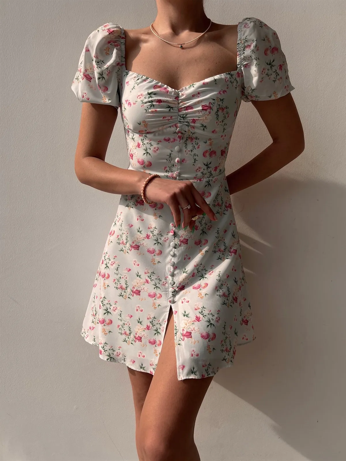 Unique Print V-Neck Puff Sleeve Slit Slim Midi Dress