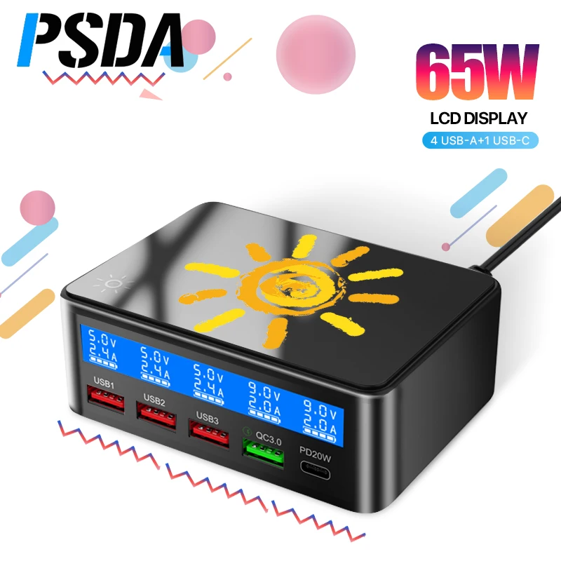 

PSDA 3D Holidays Quick Charger 65W 5-Port LED Display Quick Charge 3.0 Fast Charger Desktop Charging iPhone 15 14 pro max iPad