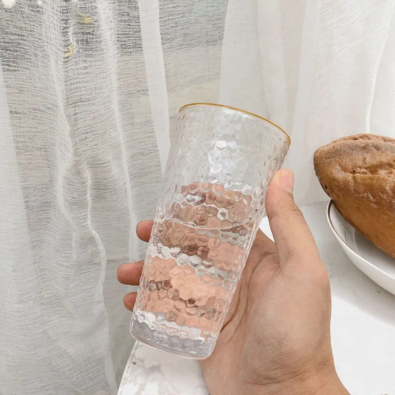 330ml/340ml Drinking Bottle Crystal Glass Hammer Pattern Cup Gold Edge Milk Cup Glass Water Tea Juice Gift