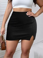 Ladies Plus Size Solid Color Bodycon Mini Skirt with Side Slit Fashion Pencil Skirt - Image 5
