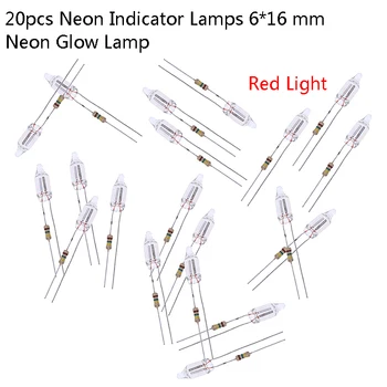 네온 표시기 램프 6x16mm, 네온 글로우 램프 메인 표시기, 빨간색 표준 소형 네온 전구 표시, 저항기 포함, 220V, 20 개