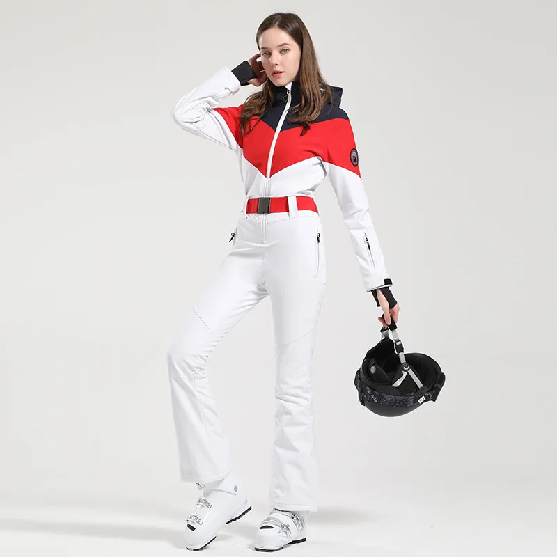 One-piece Ski Suit Female Snowbard Retro Slim Waist Windproof Waterproof Warm Hooded Jacket Pants Set Snow Outfit for Women