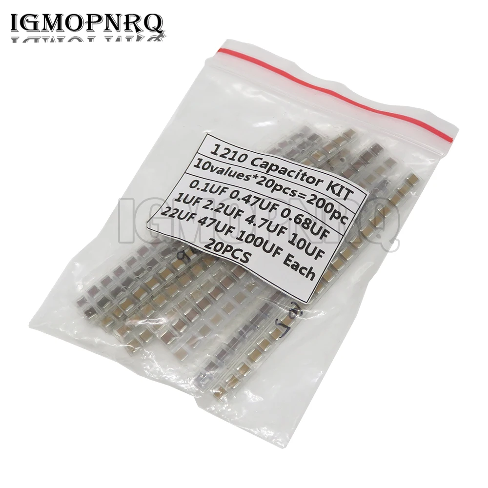 10 Valori * 20 Pezzi = 200 Pezzi 1210 Kit Assortiti Condensatore Smd 100Nf ~ 100Uf Kit Campioni Kit Fai Da Te Elettronico