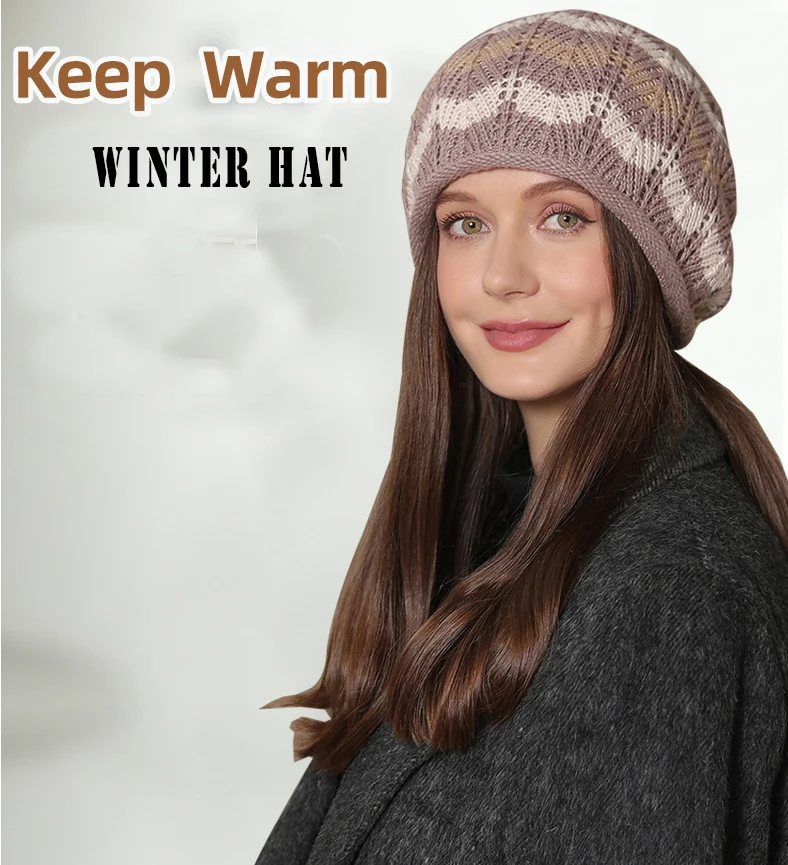 Panama Women's Winter Warmth Pile Thickened Wool Knitted Pullover Hat Big Headband Cold Protection Cap H159_voghion.com