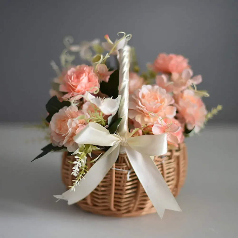 Wicker Rattan Flower Basket with Handle for Wedding Party Decor