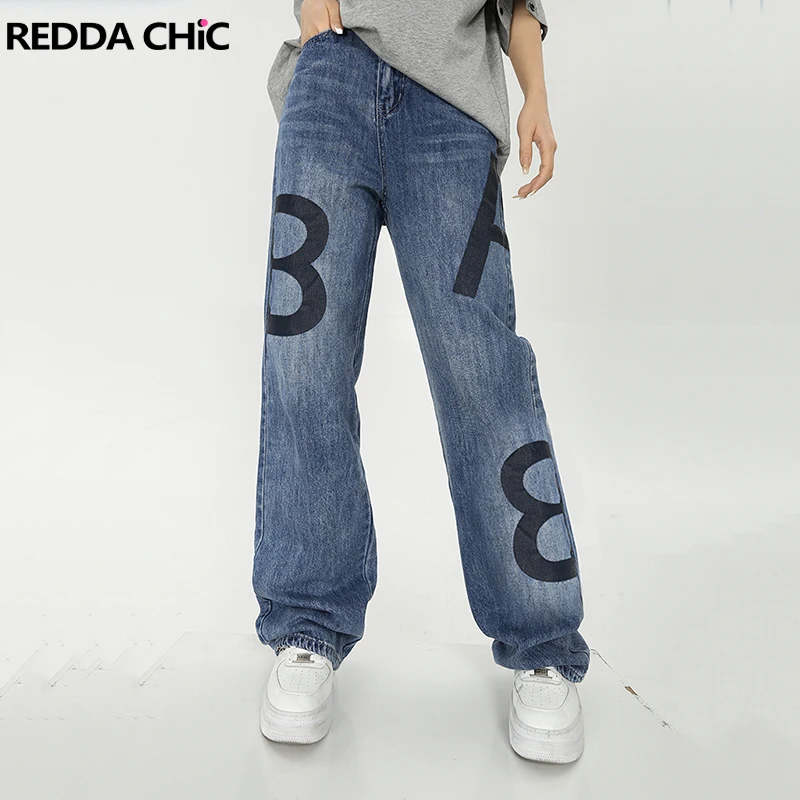 

REDDACHiC Women Baggy Jeans Graphic Letter Print Y2k Streetwear Straight Wide Leg Casual Pants Korean High Waist Trousers Female