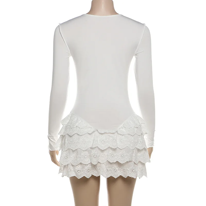 Fantoye Otoño Nuevo Vestido de Encaje con Cuello Redondo para Mujer, Blanco, de Manga Larga y Cintura Alta, Vestido Ajustado Elegante para Fiesta y Club.