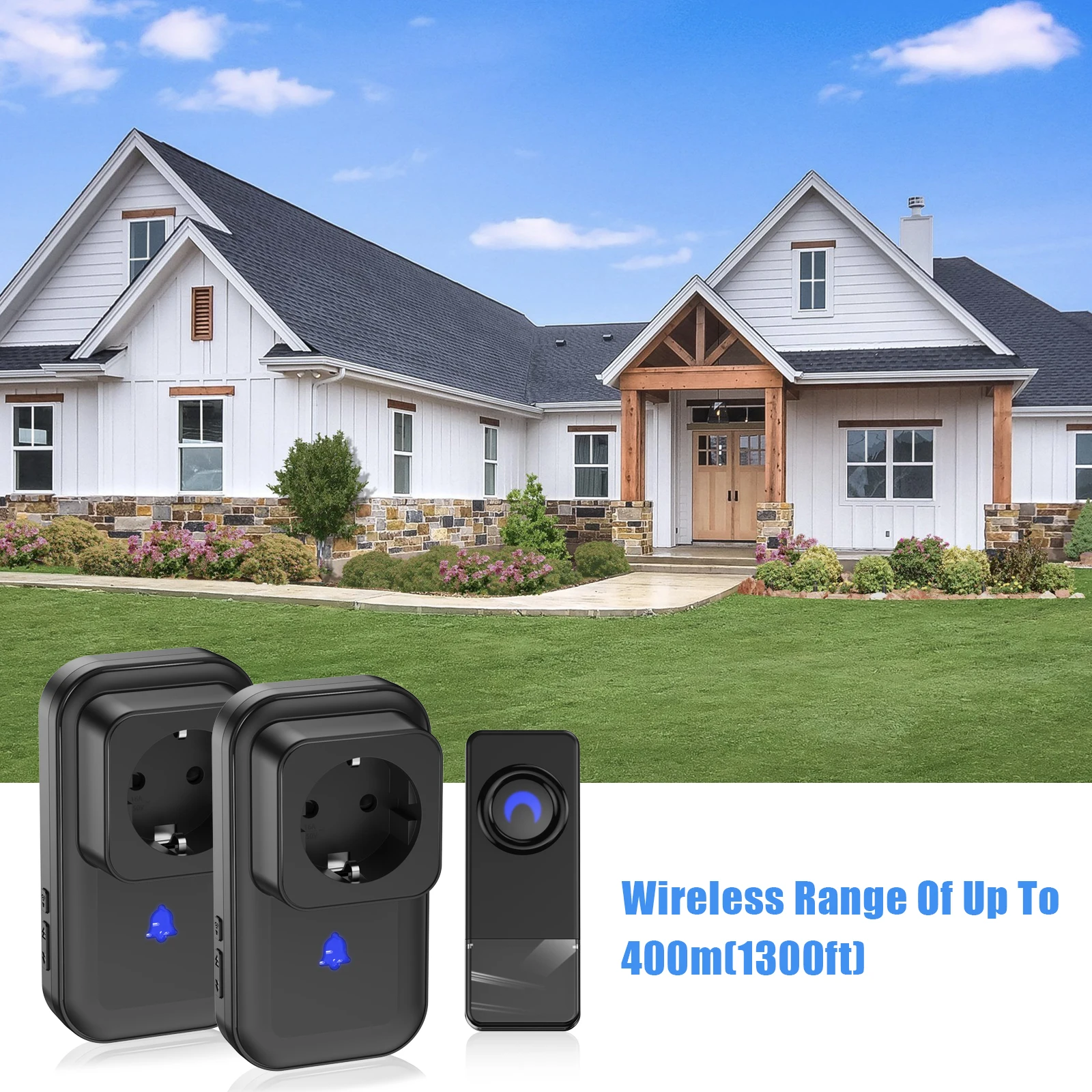 Wireless Doorbell with 2 Plug-in Receivers Socket Door Bell Outdoor Penetration IP55 Waterproof Home with LED Flashing