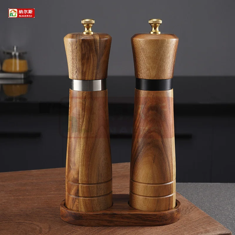 Steel ring grinder Acacia wood base pepper grinder cylindrical grinding salt ceramic core seasoning bottle steak salt spreader