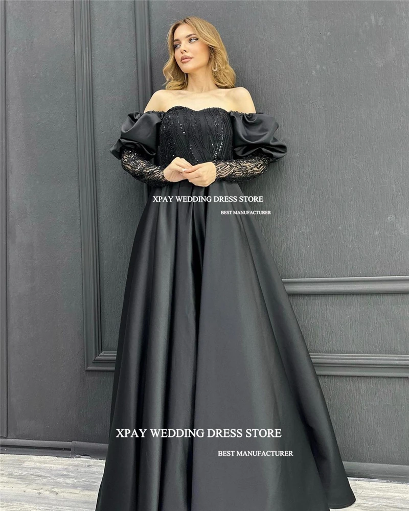 

XPAY Modest A-Line Prom Dress Lace Strapless Puff Sleeves Floor-Length Dubai Arabia Women Evening Gowns Cocktail Party Dress