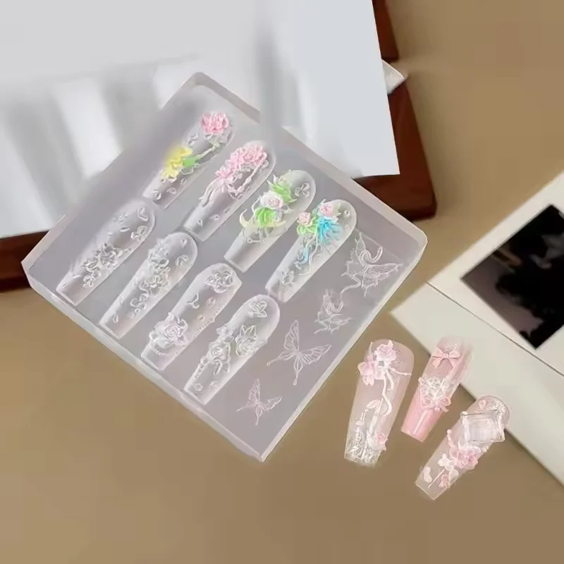 1개 나비 매듭 바다 비즈 체인 뱀 장미 해골 3D 아크릴 몰드 네일 아트 장식 DIY 실리콘 네일 템플릿 네일 몰드