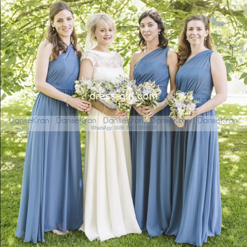 

Steel Blue Bridesmaid Dress for Weddings 2022 One Shoulder A Line Floor Length Chiffon Wedding Party Dresses for Women Elegant
