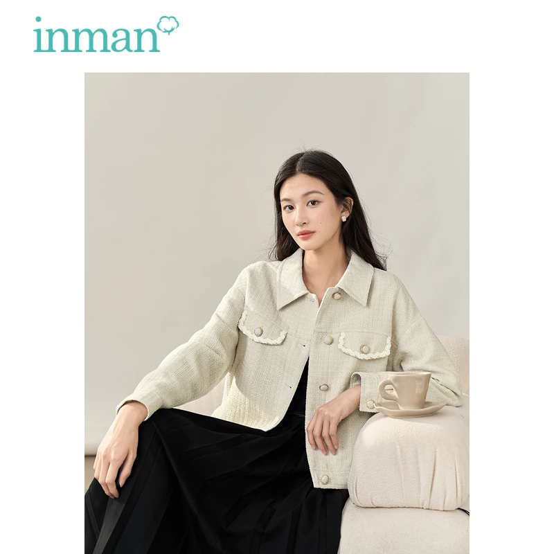 INMAN Women Coat 2023 Autumn Long Sleeve Polo Neck Loose Jacket Checkered Texture Fabric Elegant Commuting All-match Outwear