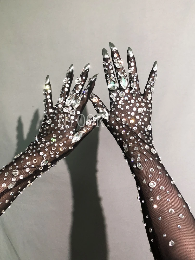 Mesh Gloves Shining Crystals Stones Long Mittens Rhinestones Stretch Transparent Bar Singer Party Stage Wear Accessories-rhinestones gloves