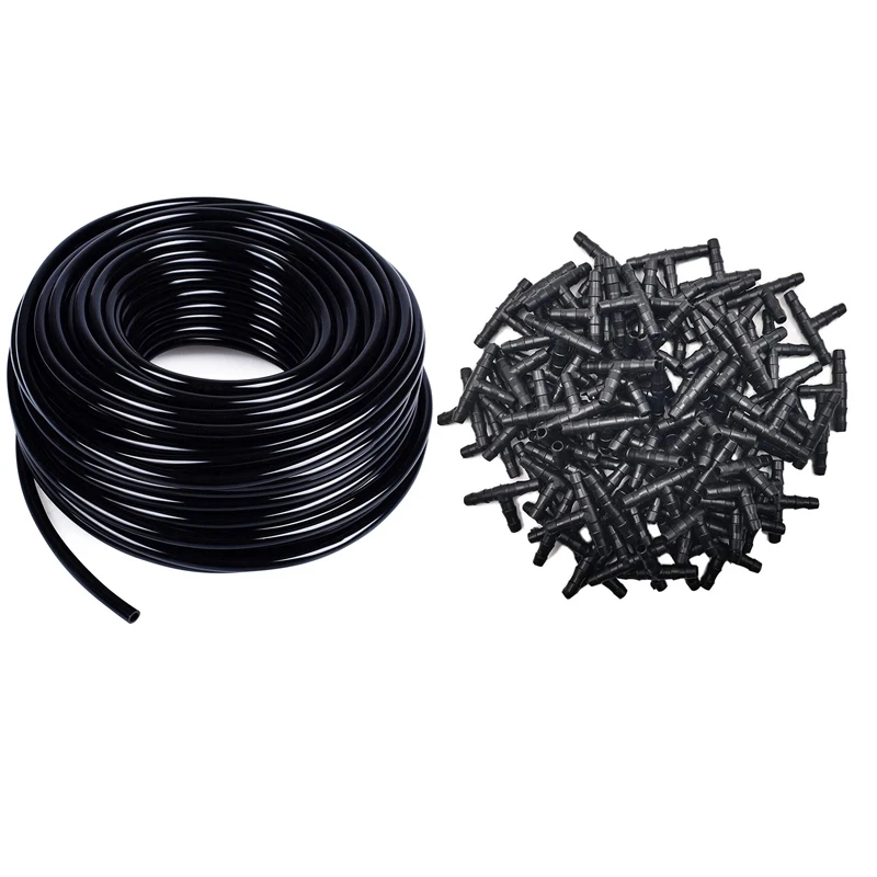 

30M Meter 1/4 Inch Blank Distribution Pipe Drip Irrigation Hose With 200Pcs 1/4 Inch Universal Barbed Tee Fittings