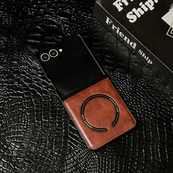 Vintage-Style Vegan Leather Pattern Case with Magnetic Ring and Camera Protection for Samsung Galaxy Z Flip 5 (Brown)