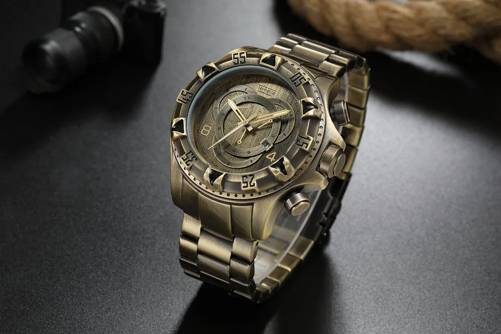 Temeite Retro Men Watches Luxury Brand Bronze Stainless Steel Quartz Sport Big Dial Male Wrist Watches Relogio Masculino 2022