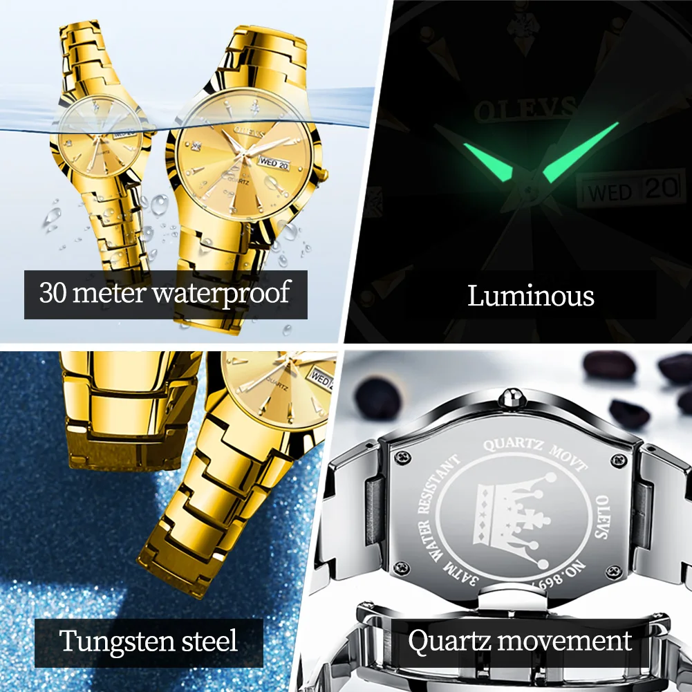 OLEVS 8697 Watch For Men Women Luxury Quartz Couple Watch Dual Calendar Waterproof Watches Tungsten Steel Strap Rhombus Mirror