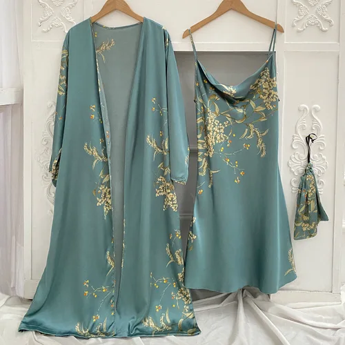 프린트 2pcs 로브 수면 정장, 여성 신부 기모노 목욕 가운 란제리 새틴 v 넥 잠옷 스트랩 나이트 가운 라운지웨어 3