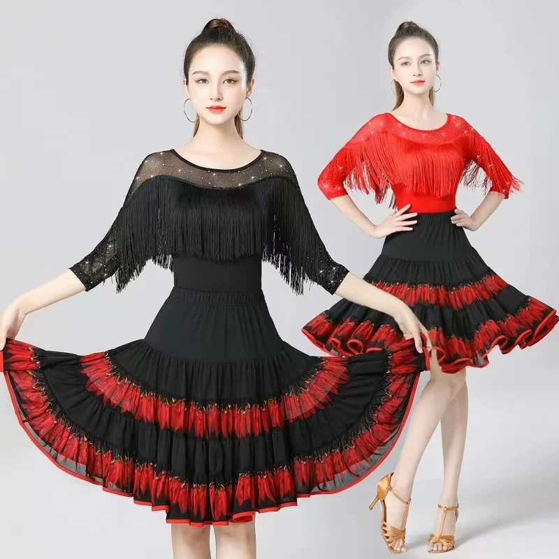 

Elegant Mid-Long Latin Dance Skirt For Women New Style Comfory Soft Ballroom Dance Costume Waltz Dance wear Modern Dance Skirt