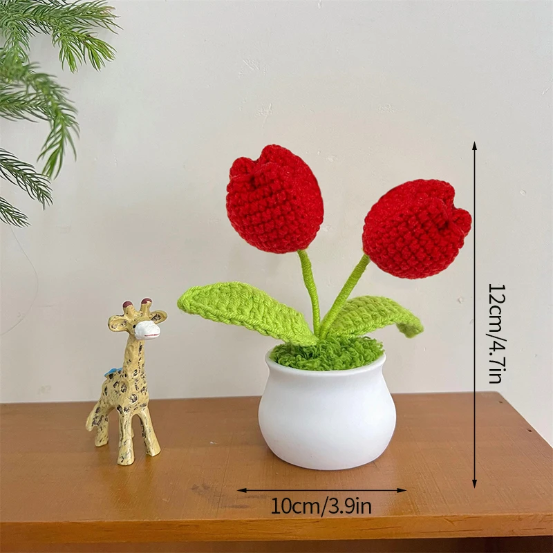 1 pezzo Pianta vaso di tulipani fatta a mano all'uncinetto, mini decorazione per scrivania, auto, ufficio, regalo, San Valentino | SHEIN ALIA