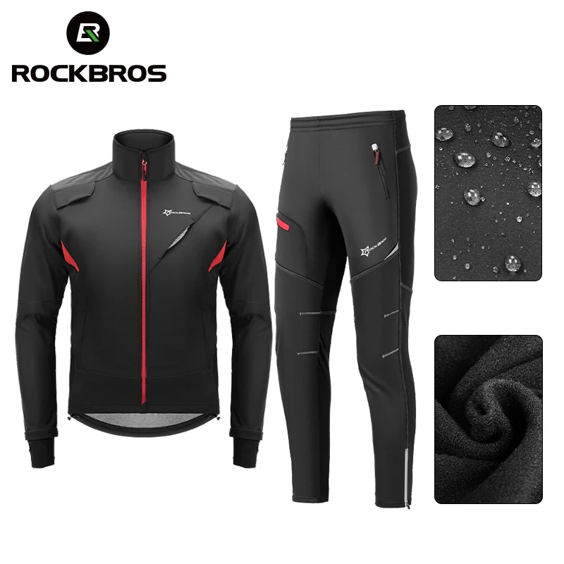 ROCKBROS ZHYP021 Cycling Clothing Set Winter Windproof Reflective Cycling Jersey Thermal Fleece Pants Rainproof Set Men Women Sportswear
