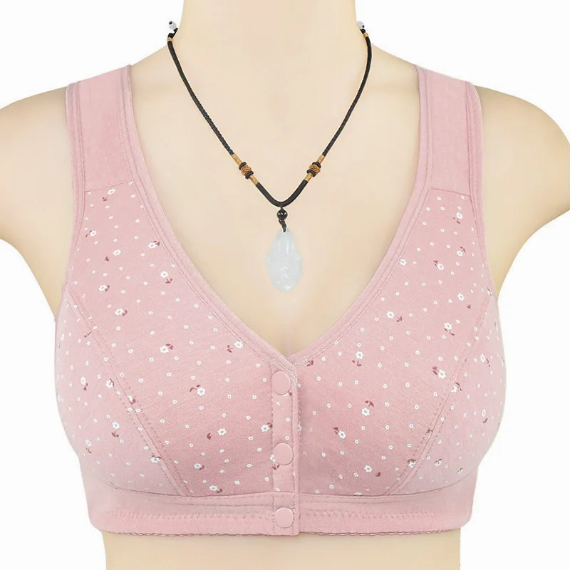 

Free Shipping 36-46size Simple and Comfortable Soft Cotton Wireless Elderly Front Closure Bra Printed Wireless Vest Underwear