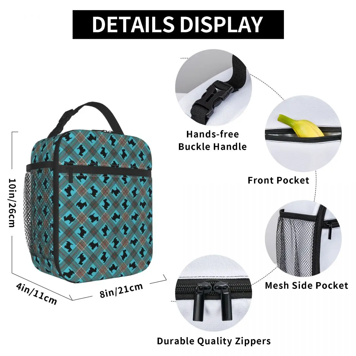 Black Scottie Dog Plaid Tartan Insulated Lunch Bag for School Office Scottish Terrier Lover Leakproof Thermal Cooler Bento Box