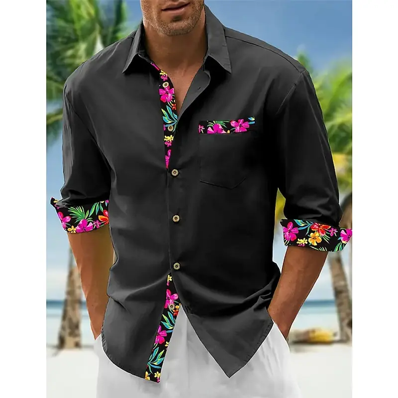 

Men's shirt buttoned black and white blush pink shirt long sleeve floral folded spring and autumn casual daily splicing