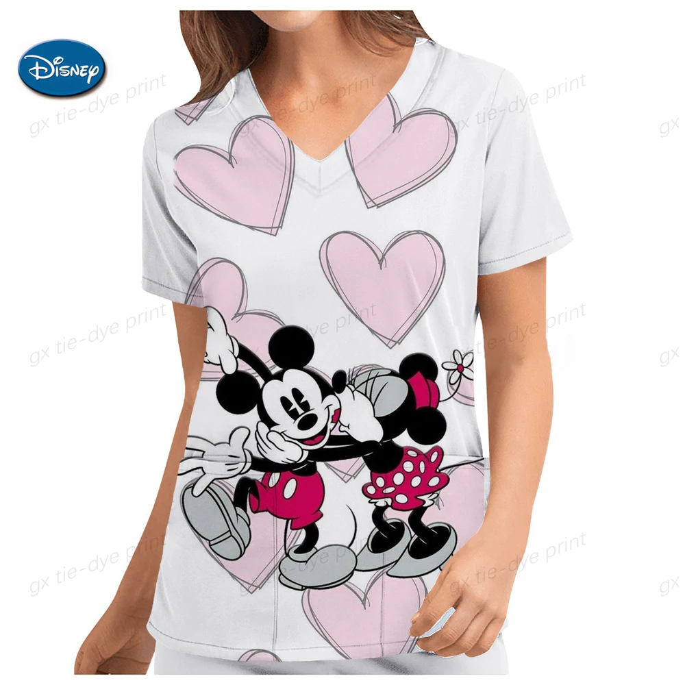 thumbnail image 1 of Blusa de trabajo de enfermera con estampado de Mickey Mouse de Disney, uniformes médicos, uniforme de enfermera de atención médica, manga corta, cuello en V para mujer, 1 of 5