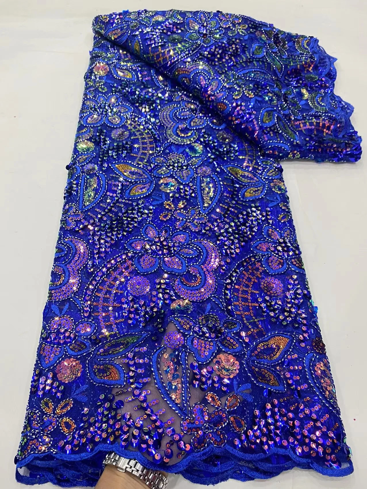 

Royal Blue Nigerian Guipure Cord Lace Fabric 2023 High Quality African Luxury Sequins Tulle Lace Fabric For Women Evening Dress