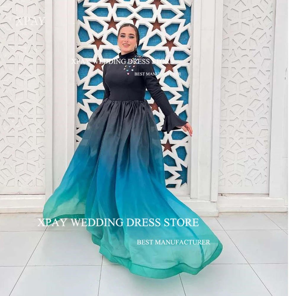 

XPAY Modest Black Muslim Arabic Women Gradient Evening Dresses Dubai Long Sleeves High Neck Diamond Formal Party Prom Gowns