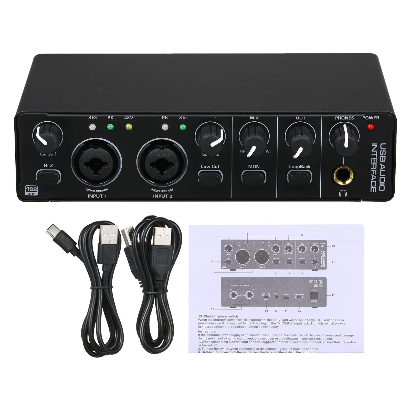 

USB Audio Interface Sound Card RHM 2 In 2 Out with 48V Phantom Power for Audio Mixer & Mic Preamplifier XLR/TSR/TS Ports