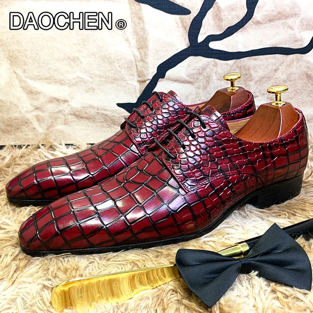 LUXURY BRAND MENS DRESS LEATHER SHOES RED BLACK LACE UP POINTED