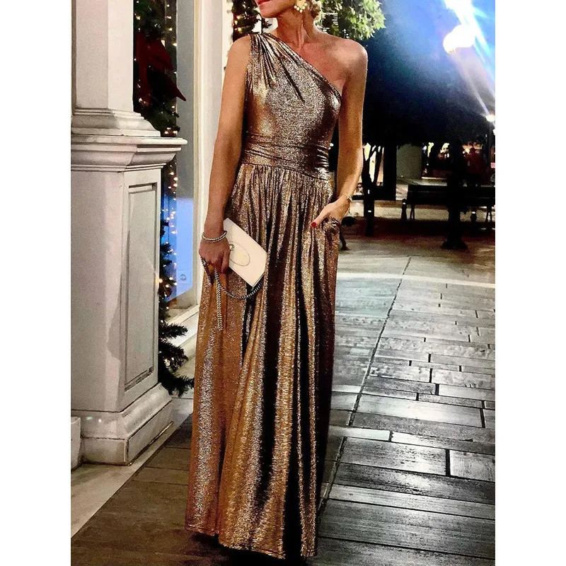 New Summer Holiday Solid Pocket Women Party Loungewear Sleeveless Skew Collar Elegant Ladies Maxi Dress Streetwear Vestido