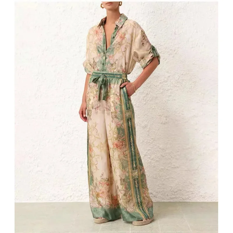 

New Real Shot Spot Spring and Summer New Holiday Style Green Retro Printed Shirt Women's Two-Piece Trousers Suit Summer Dress